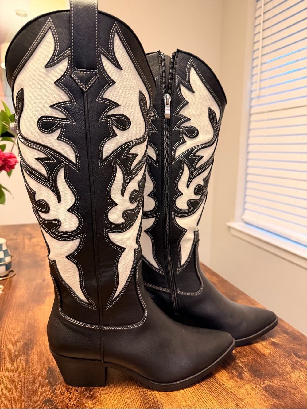 Forever 21 Black and White Western-Inspired Knee Boots